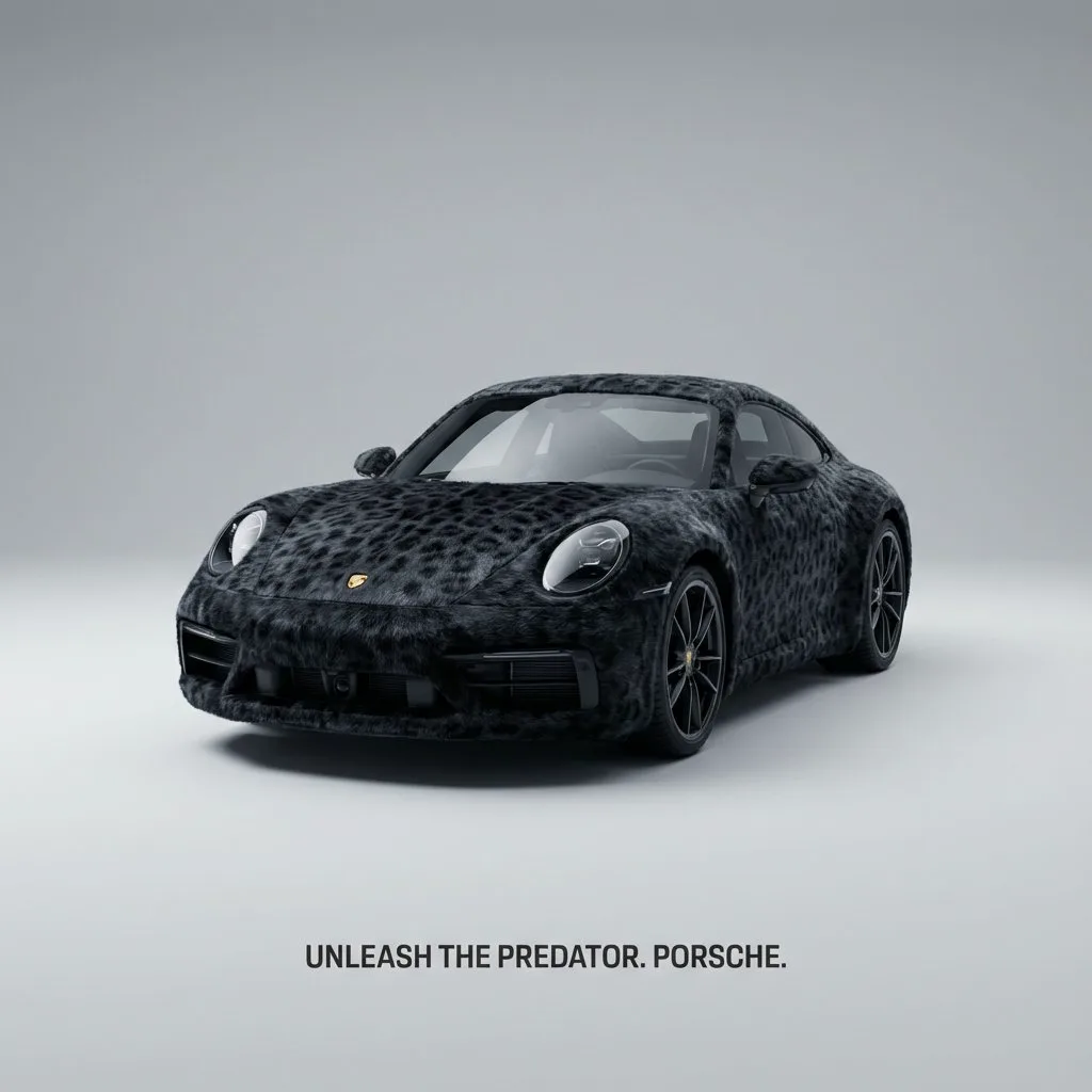 черный спортивный автомобиль porsche с меховым леопардовым покрытием на сером фоне
