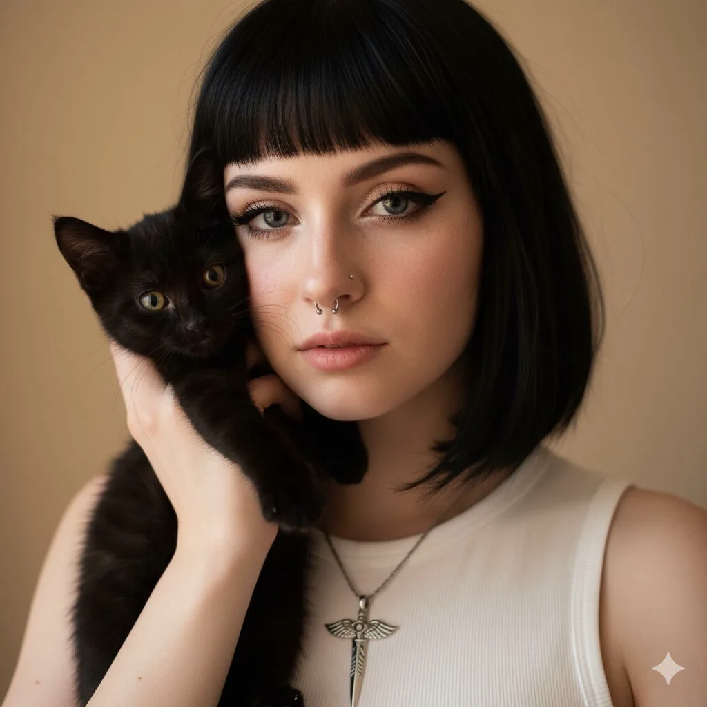 Портрет девушки с черными волосами, пирсингом, держит черного котенка.