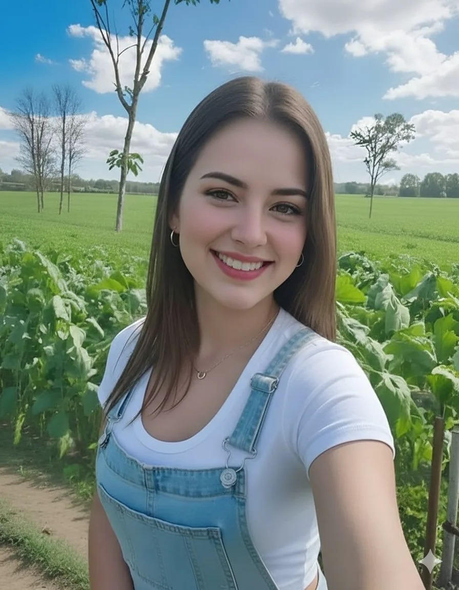 Молодая девушка улыбается, селфи в зеленом поле, солнечный день.
