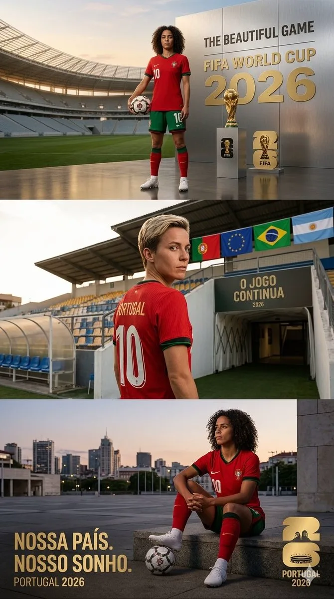 Постер FIFA World Cup 2026 с футболистками Португалии на стадионе.