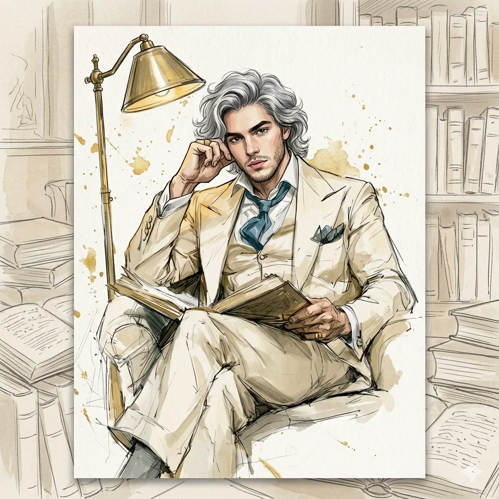 иллюстрация с мужчиной в светлом костюме с книгой в кресле