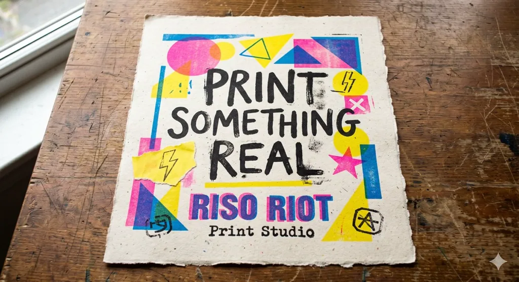 Яркий графический принт с надписью Print Something Real на столе