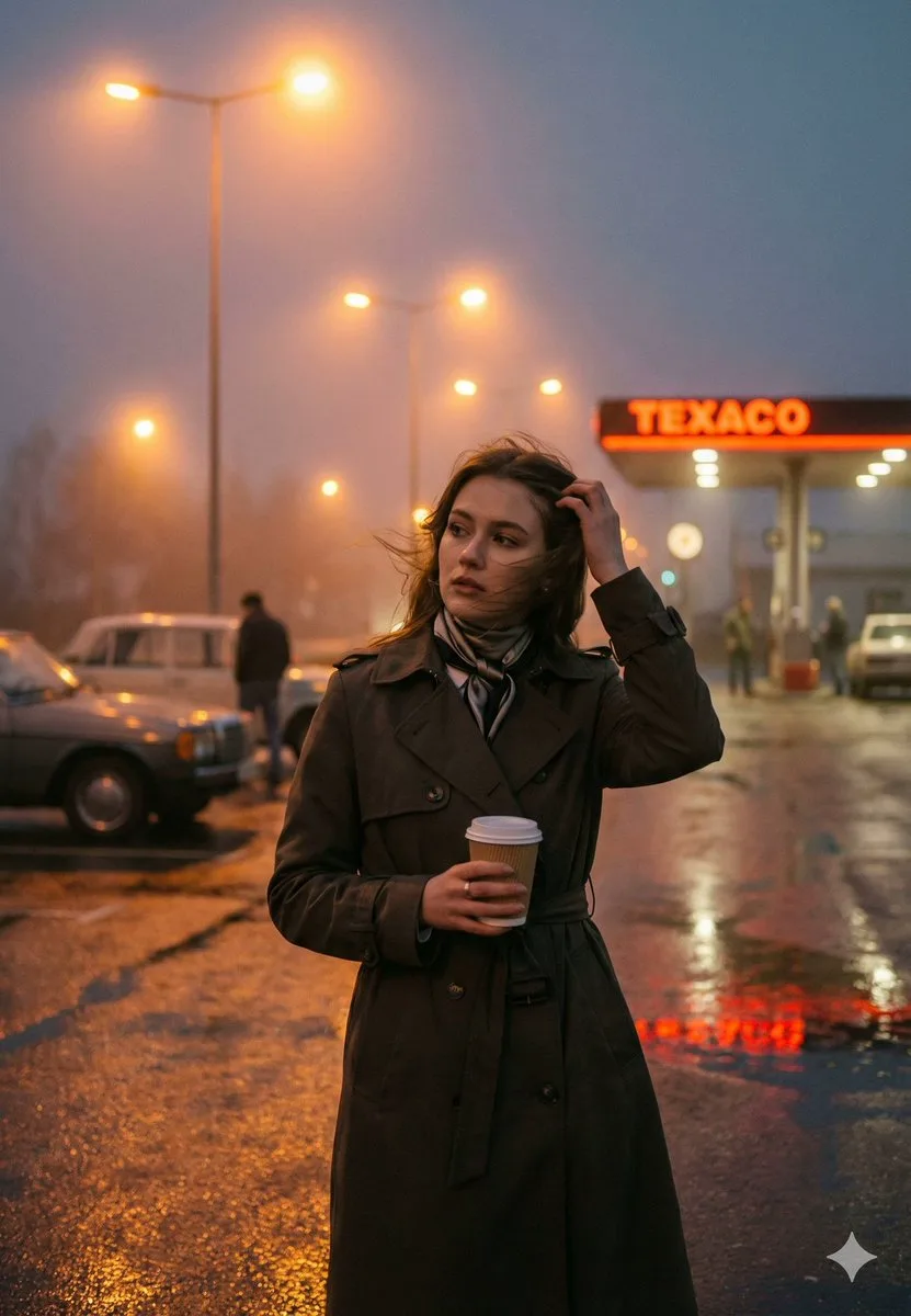 Девушка в плаще с кофе на фоне заправки в тумане.