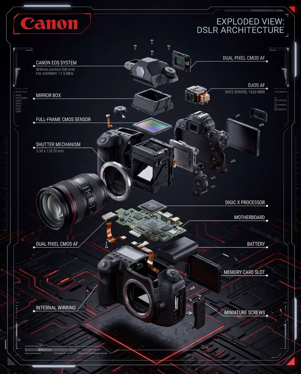 Взрыв-схема устройства зеркальной камеры Canon, детали и компоненты