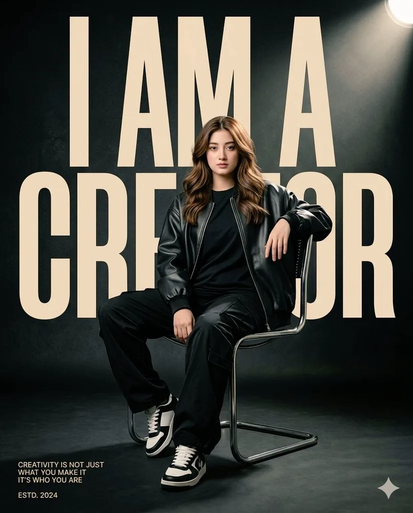 Молодая женщина в черной куртке сидит, надпись I AM A CREATOR