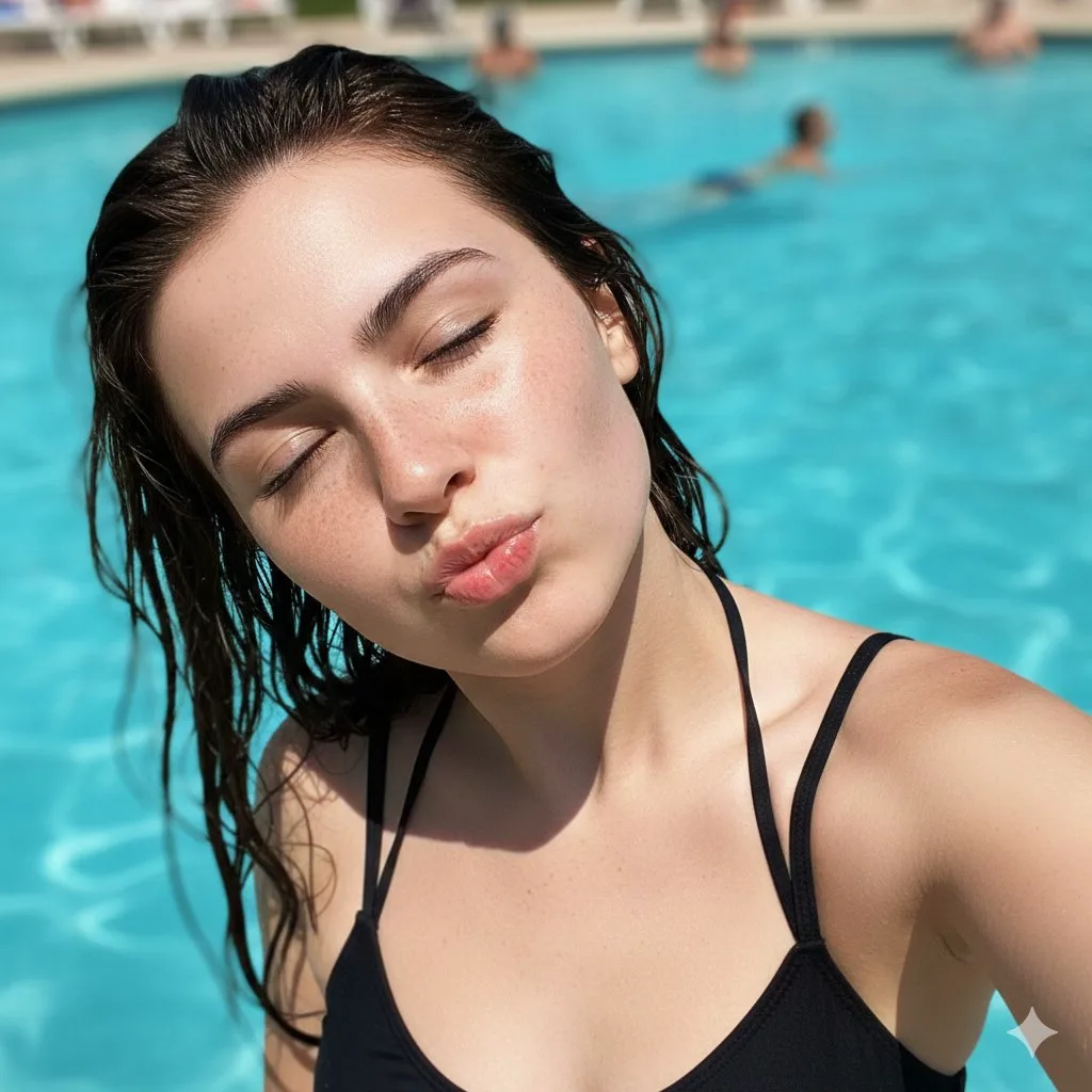 Портрет девушки с веснушками в черном купальнике у бассейна