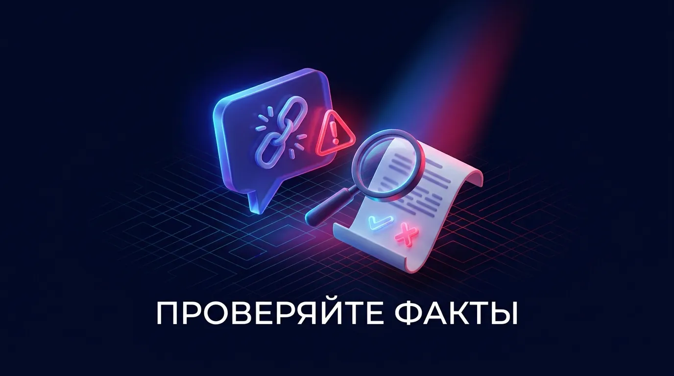 Нейросеть выдаёт уверенный ответ с выдуманной ссылкой, рядом человек сверяет данные с первоисточником