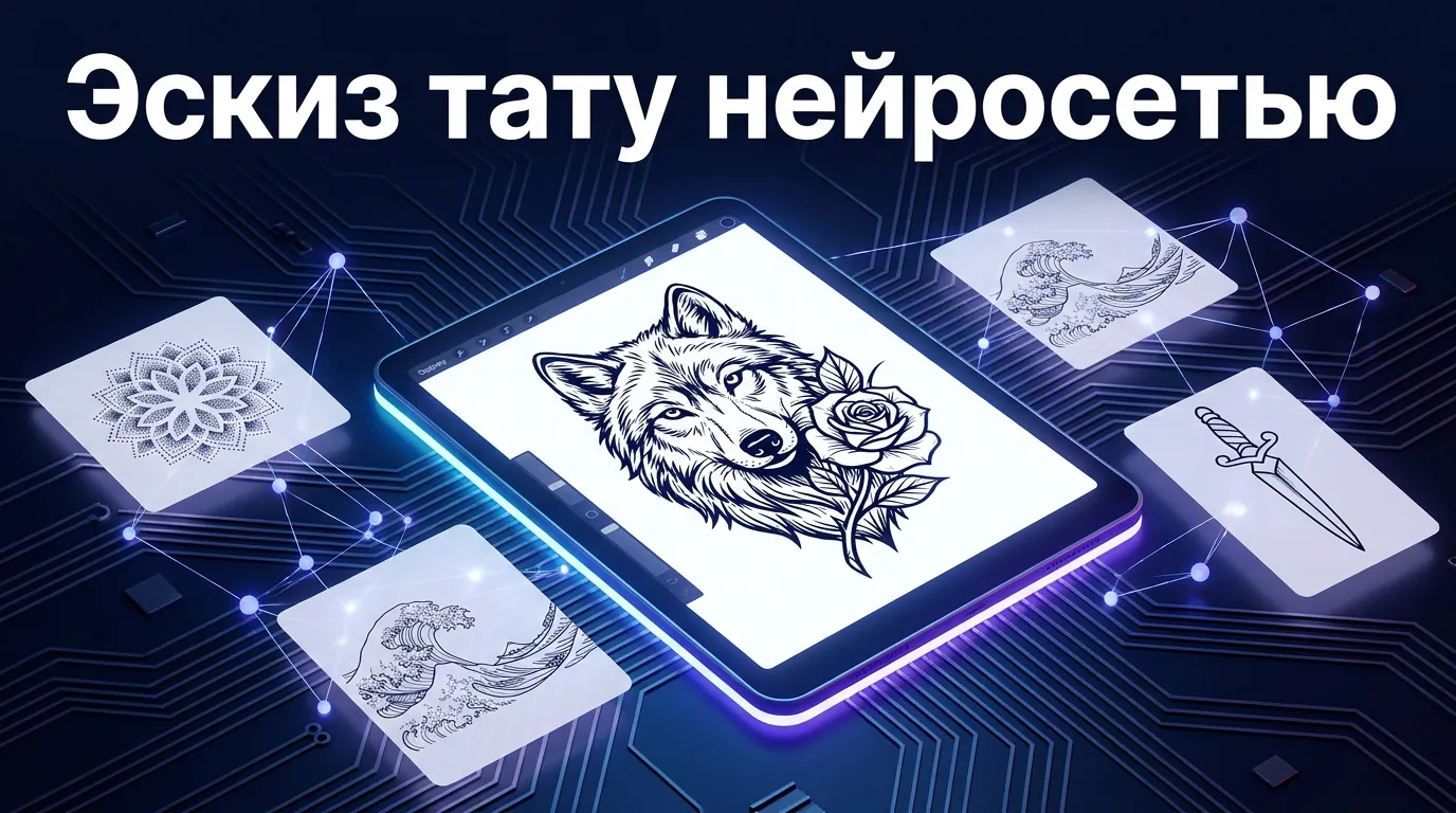 Нейросеть рисует эскиз тату: контурный рисунок волка с розой на экране планшета