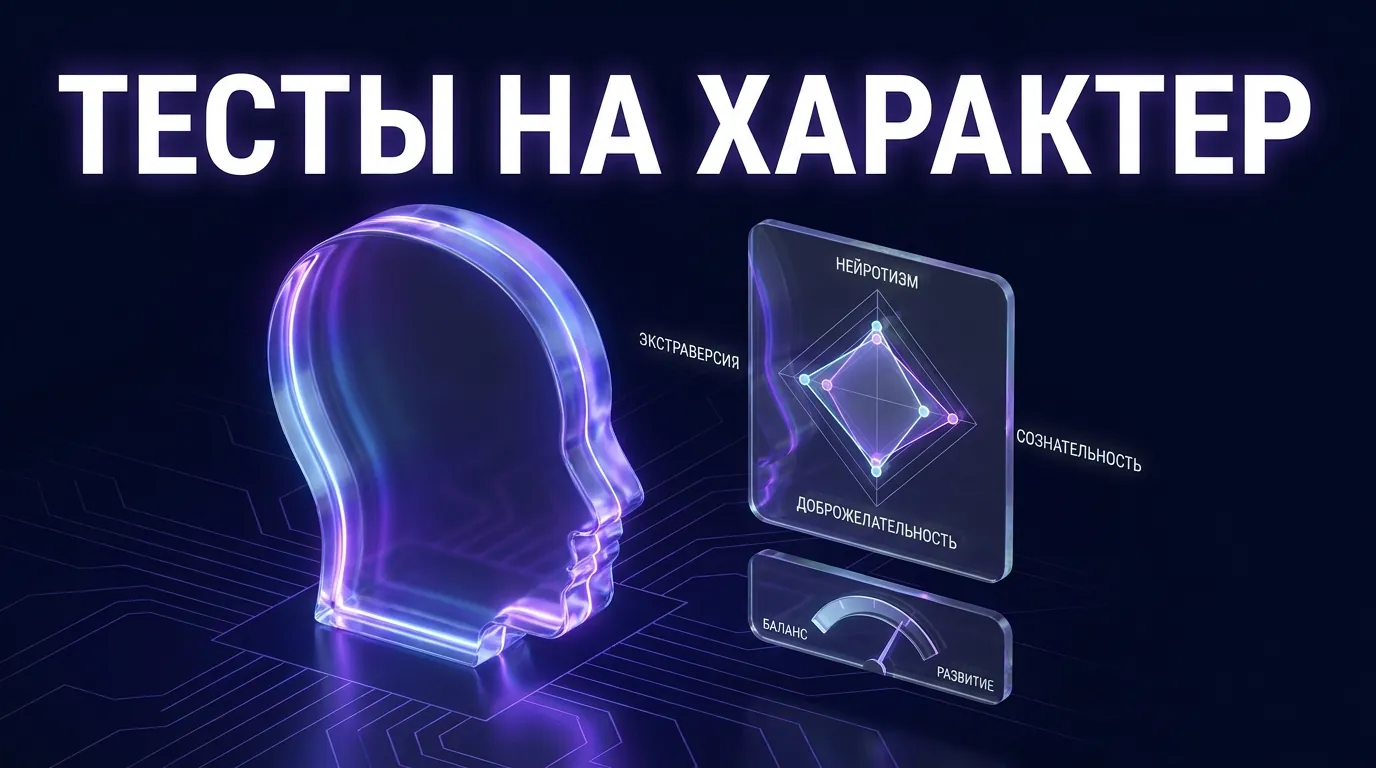 Стеклянная голова и диаграмма из четырёх шкал — обложка сравнения лучших тестов на характер