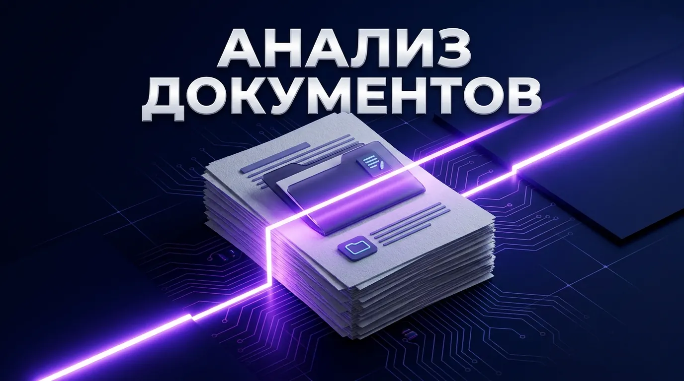 Изображение демонстрирует различные форматы файлов, такие как PDF, DOCX, XLSX и скан страницы, которые нейросеть принимает для анализа документов.