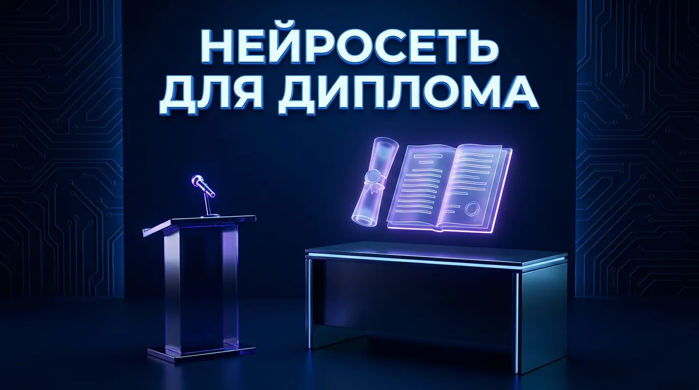 Изображение, демонстрирующее этапы дипломной работы — план, главы, выводы, доклад — и роль нейросети на каждом из них.