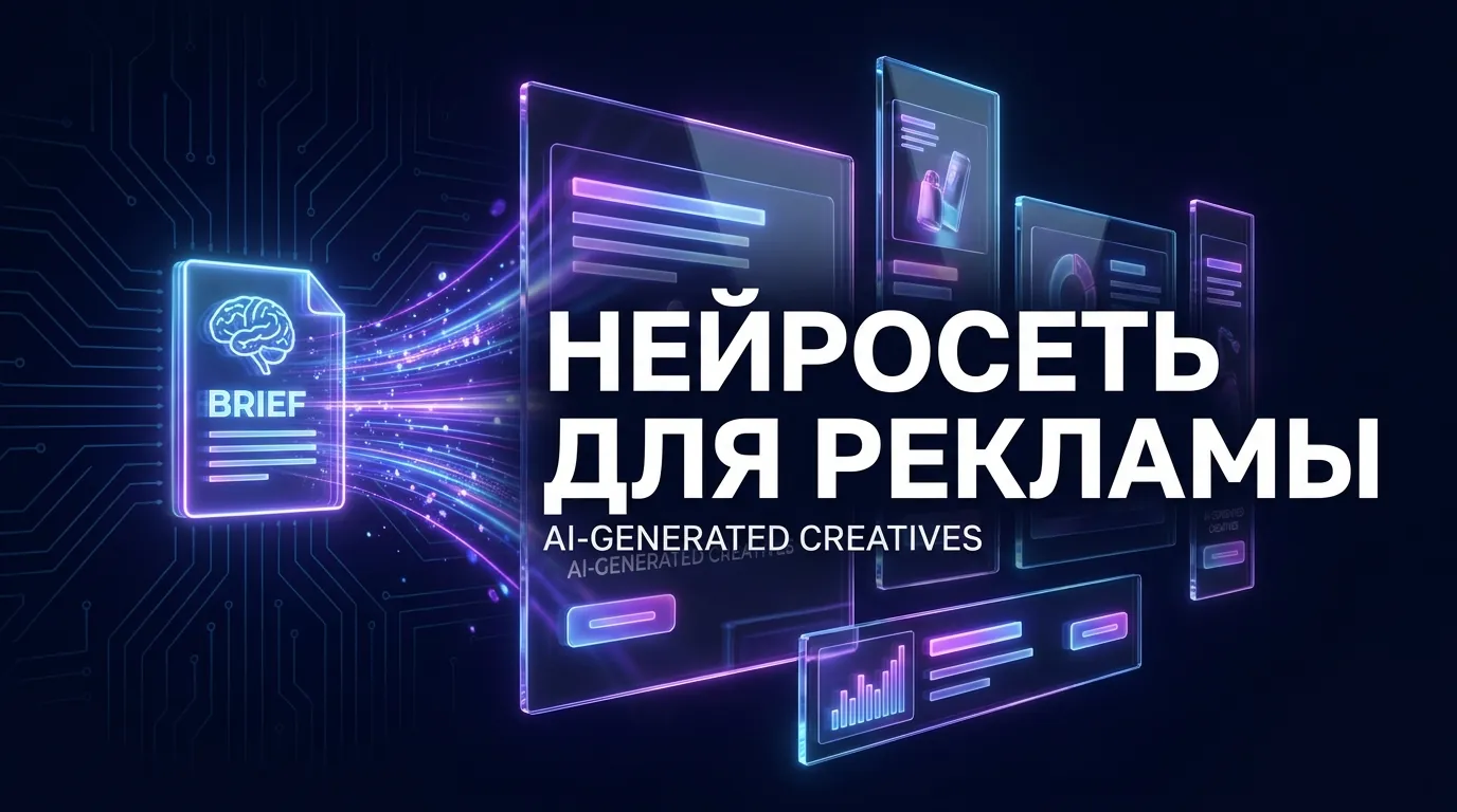 Схема показывает, как бриф из пяти пунктов превращается в промпт, а промпт — в готовый рекламный баннер, демонстрируя процесс создания креатива с помощью нейросети.