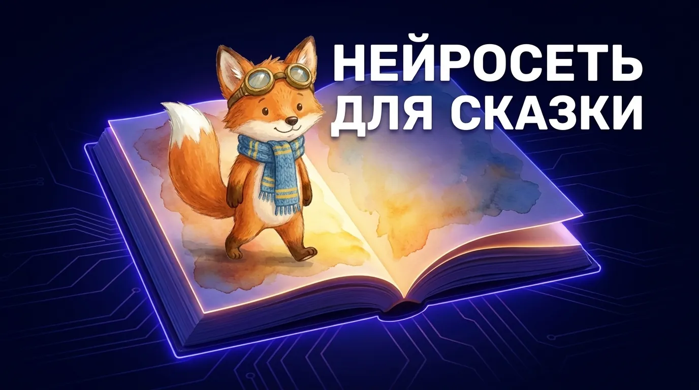 Рыжий лисёнок в синем шарфе с жёлтыми полосками и латунных очках, герой сказки, сгенерированный нейросетью.