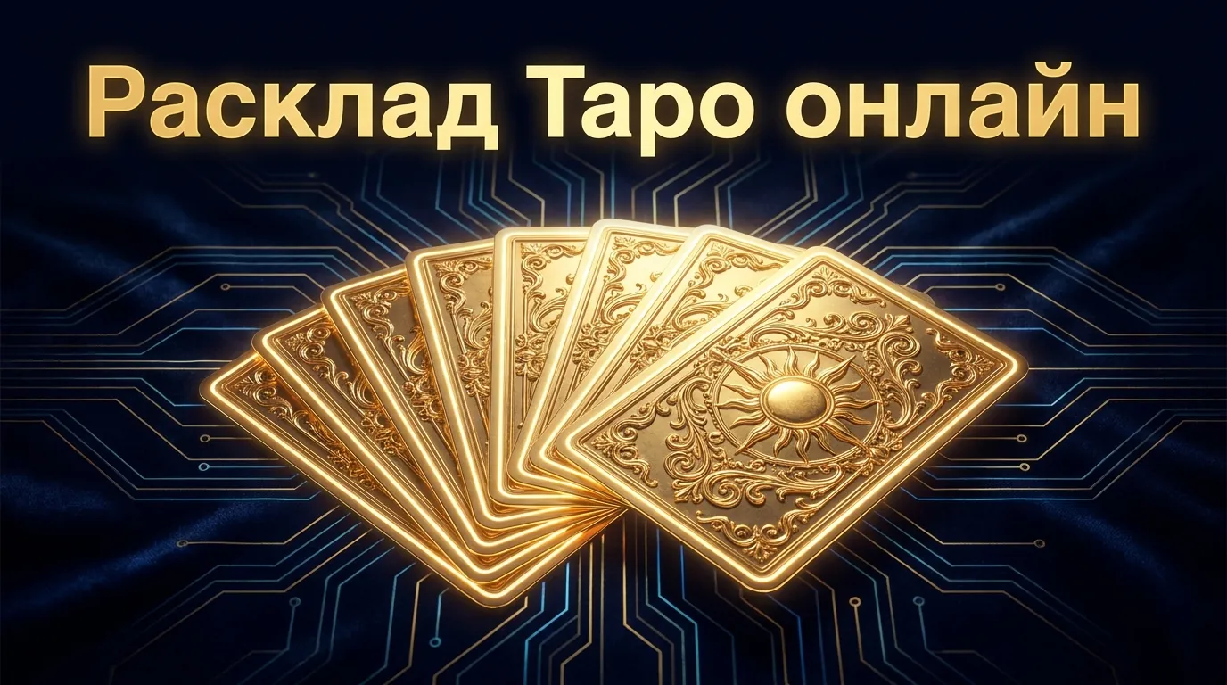 Расклад Таро онлайн: карты колоды Райдера-Уэйта на тёмном фоне с золотыми акцентами