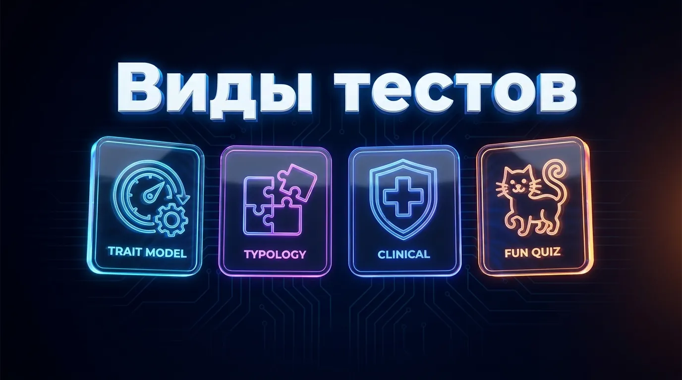 Четыре типа личностных тестов на экране: шкалы большой пятёрки, типология, клинический скрининг и развлекательный квиз