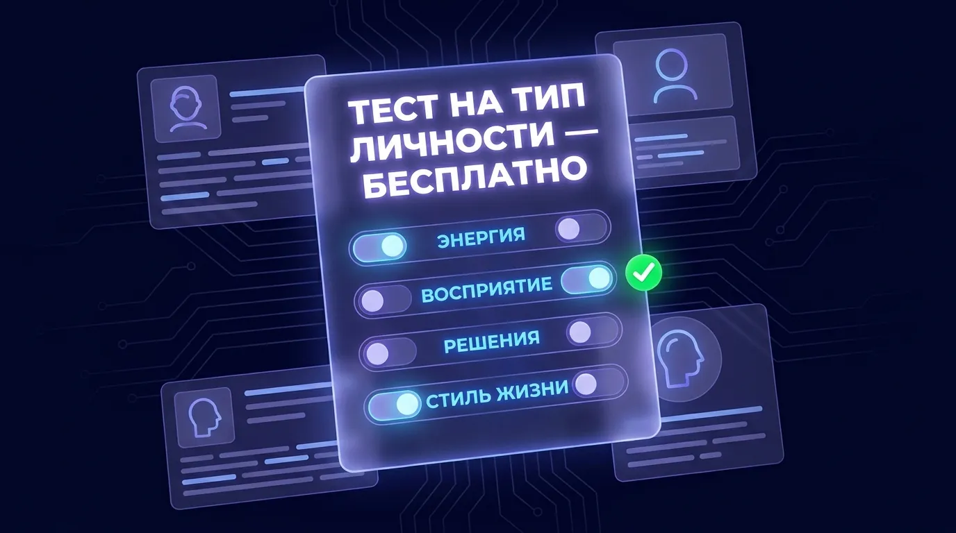 Обложка статьи: где пройти тест на тип личности бесплатно — карточка теста с четырьмя шкалами